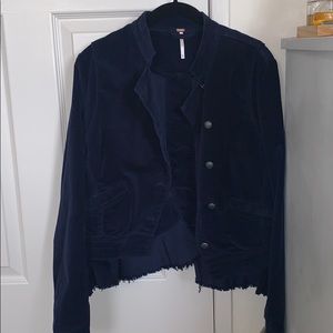 Free People Indigo Velvet Military Style Jacket